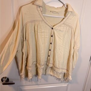 Cream Button-Down Shirt with Frayed Hem